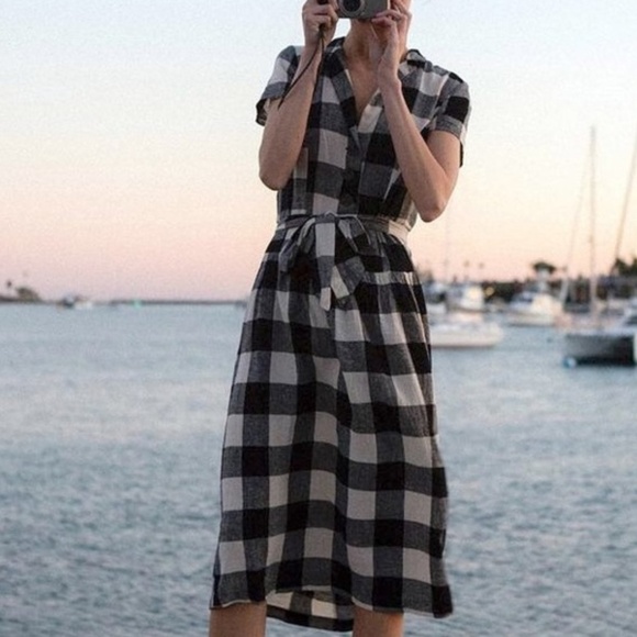 Urban Outfitters Natalie Linen Midi Belted Shirt Dress Gingham Checkered Sz Xs - Picture 1 of 7